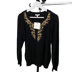 Chic Comfort: Croft and Barrow Women's Black Button-Up Sweater with Gold Embroid